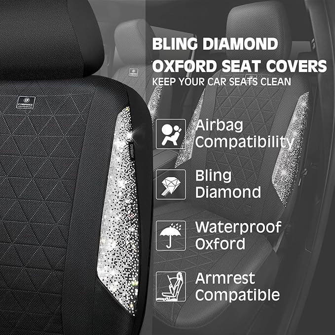 CAR PASS Oxford Bling Diamond Car Seat Covers 2 Front Interior Sets, Waterproof Shining Glitter Sparkly Crystal Universal Arm