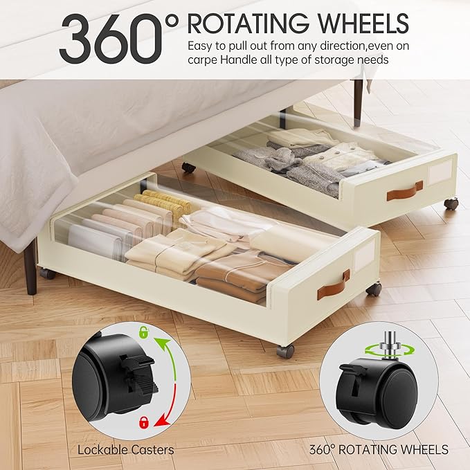 Yecaye Under Bed Storage with Wheels, 2 Pack Under Bed Storage Containers, 60L Underbed Shoe Storage with Clear Window & Labe