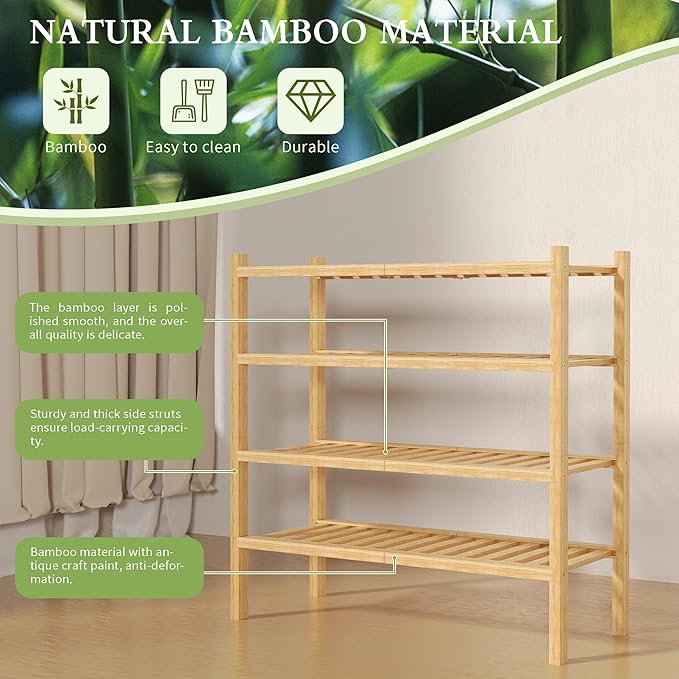 ROMGUAR CRAFT 4 Tier (Thick) Bamboo Shoe Rack for Closet Free Standing Wood Shoe Shelf for Entryway Small Space Stackable 27"