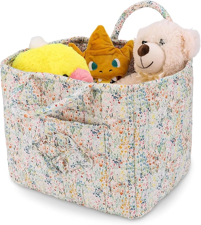 Storage Basket Boho Fabric Large Collapsible Floral Laundry Nursery Hamper Portable Folding Storage for Clothes Toys (Blue Fl