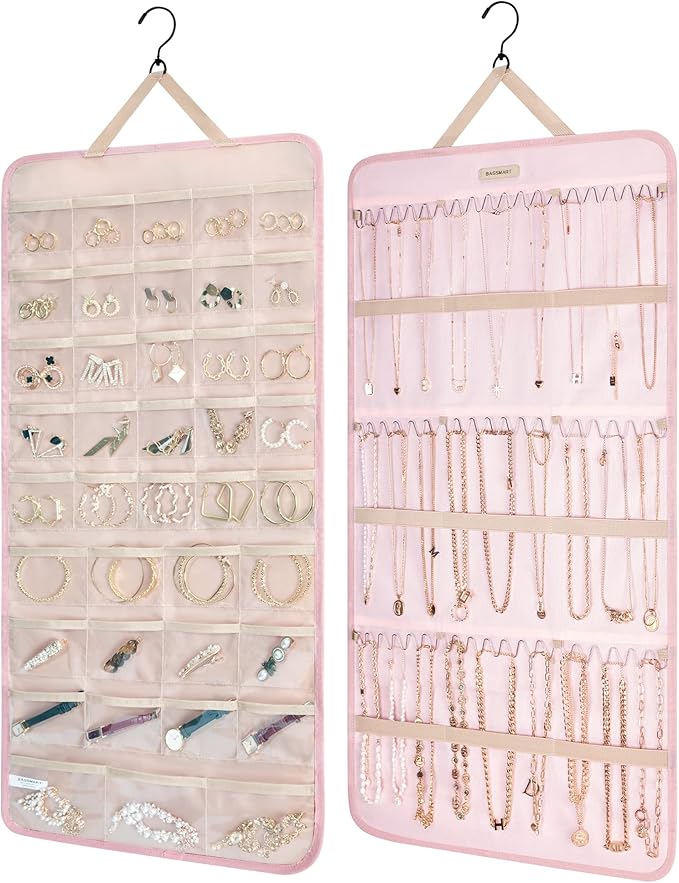 BAGSMART Hanging Jewelry Organizer Storage Roll with Hanger Metal Hooks Double-Sided Jewelry Holder for Earrings, Necklaces, 