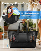 Large Mesh Beach Tote Bag - 50L Pool Bags with 2 Inner Zipper Waterproof Pockets for Swim Toys Towels Travel