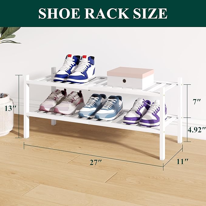 Smiry Bamboo Shoe Rack for Closet, 2 Tier Wooden Stackable Shoe Organizer, Free Standing Shoes Storage Shelf for Entryway, Fr