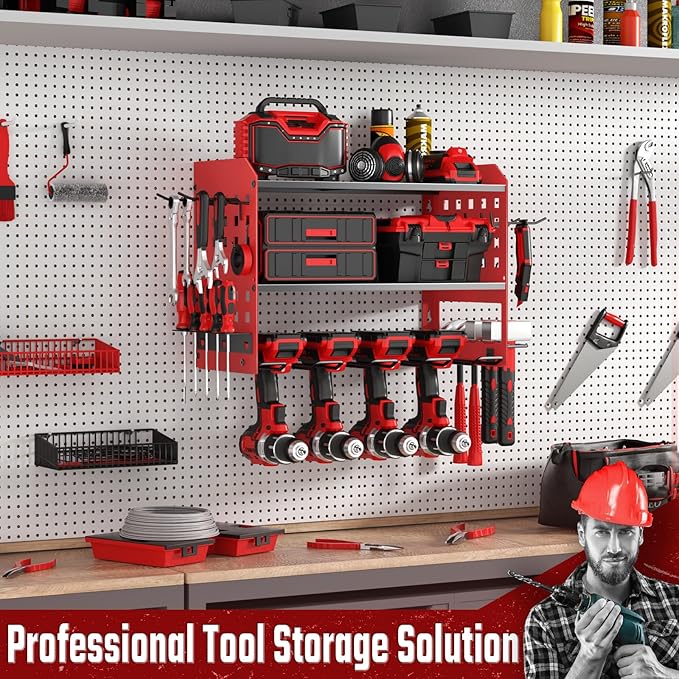 SUNALLY Power Tool Organizer, Heavy Duty Wall Mount Tool Organizer 3 Layers with 4 Drill Holders, Garage Tools Storage Rack w