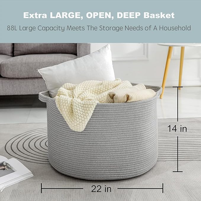 MEGASKET Extra Large Grey Storage Basket, 22" X 22" X 14" XXXL Blanket Basket for Living Room, Gray Wicker Woven Cotton Rope 