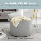 MEGASKET Extra Large Grey Storage Basket, 22" X 22" X 14" XXXL Blanket Basket for Living Room, Gray Wicker Woven Cotton Rope 
