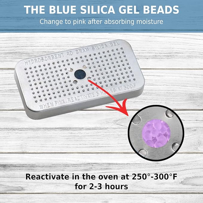 HYDROSORBENT Moisture Absorbers for Cameras, Telescopes, Safes (40gm - 2 Pack). Blue to Pink. Rechargeable, Reusable