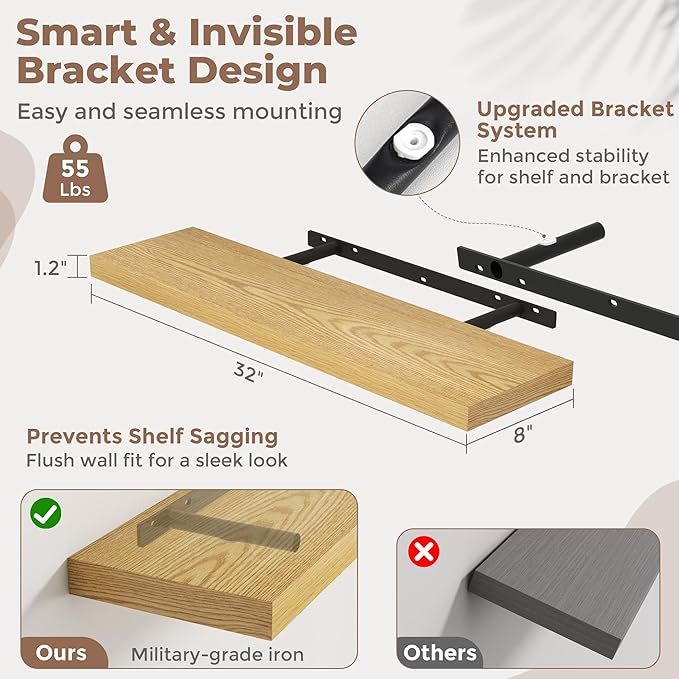 32 Inch Floating Shelves for Wall Set of 2, 8"D Wood Grain Bathroom Shelves with Invisible Brackets, Easy Install Engineered 