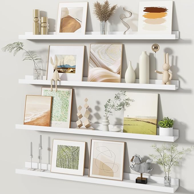 Fun Memories Picture Ledge Shelves Set of 4, 36 Inch Rustic Wall Mounted Floating Shelves with Lip for Home Storage and Décor