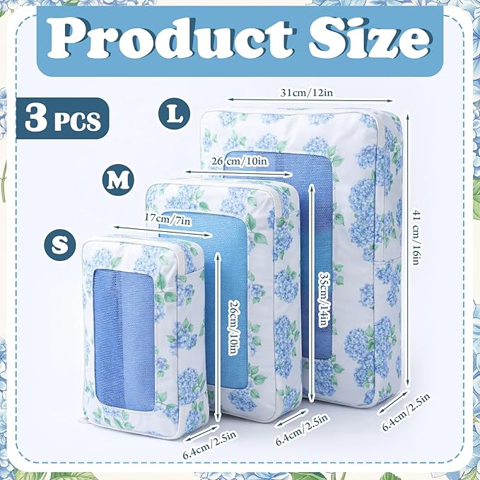 Shinylin 3 Set Blue Floral Compression Packing Cubes for Travel Small Medium Large Luggage Packing Organizers Toiletries Bag 