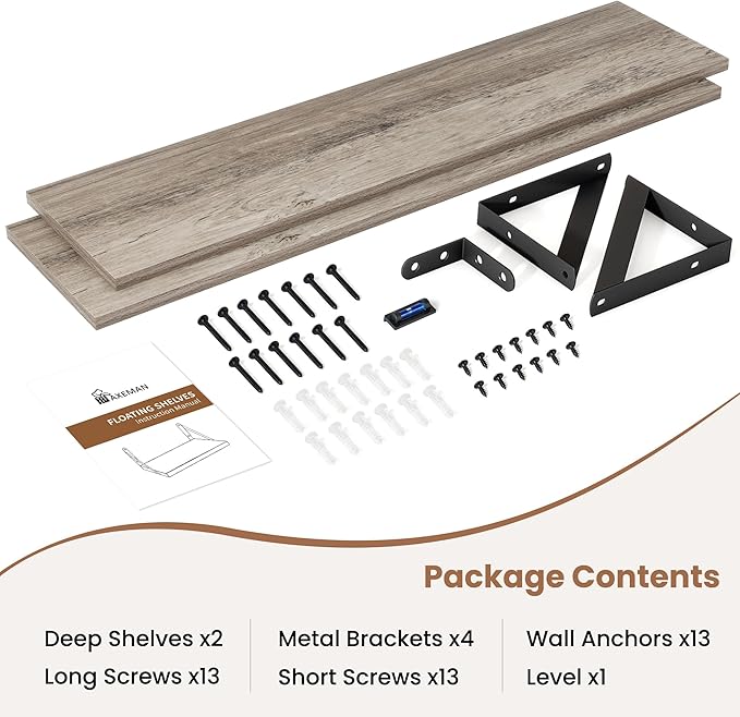Axeman 48 Inch Floating Shelves | 8 Inch Deep Grey Wall Shelves Set of 2 | 47.3" W x 8" D Rustic Grey Wood Shelves for Bathro