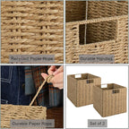 Vagusicc Wicker Baskets, Set of 2 Hand-Woven Storage Baskets for Shelves with Handles, Foldable Cube Wicker Storage Basket Bi