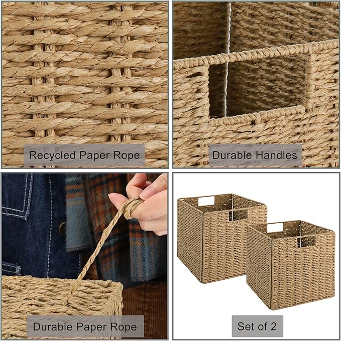 Vagusicc Wicker Baskets, Set of 2 Hand-Woven Storage Baskets for Shelves with Handles, Foldable Cube Wicker Storage Basket Bi
