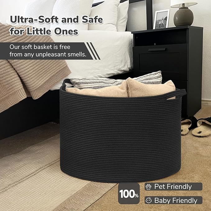 INDRESSME 115L Extra Large Cotton Rope Blanket Basket, Woven Storage for Living Room Toy Baskets Kids Baby Laundry Hamper for