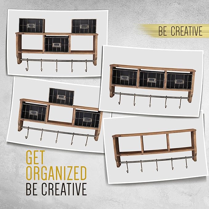 BizChair Wall Mounted Storage Rack - Rustic Brown Solid Pine Wood - 24 Inch - Upper Shelf - 5 Hooks - Wire Baskets - For Entr