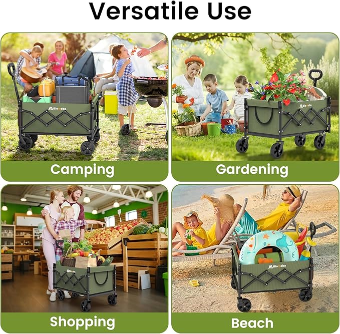 Collapsible Wagon with Wheels, 220 lbs Wagons Carts Foldable Wagon Cart with Flexible Handle, Lightweight Portable Folding Utility Grocery Shopping Cart for Grocery Sports Garden Camping, Green