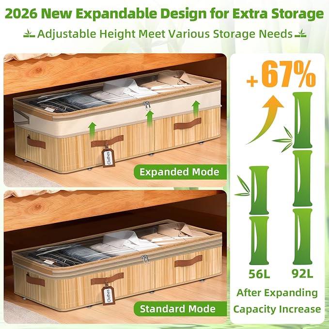 Livole Bamboo Under Bed Storage with Wheels, 6-10 inches Height Adjustable Underbed Storage Containers, 92L XXXL Large Rollin