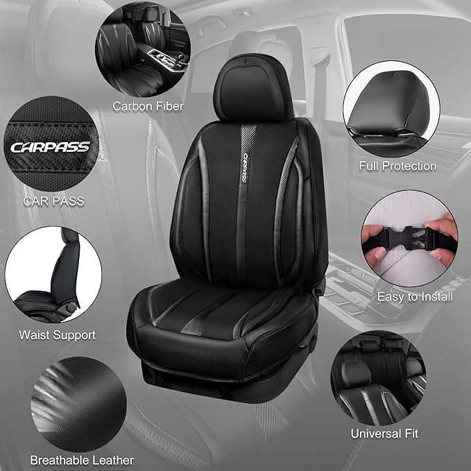 CAR PASS Carbon Fiber Nappa Leather Car Seat Covers Front Only Cushioned Leatherette 2 Piece Padded Waterproof Universal Fit 