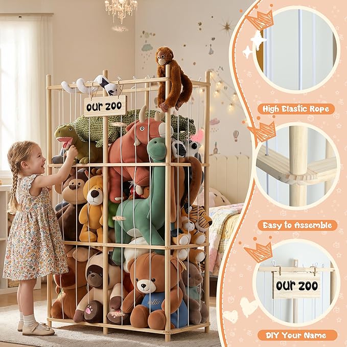 LAMU Stuffed Animal Storage, Wooden Zoo Stuffed Animal Holder with Elastic Cords, Space Save Plush Toy Cage, Double Capacity 