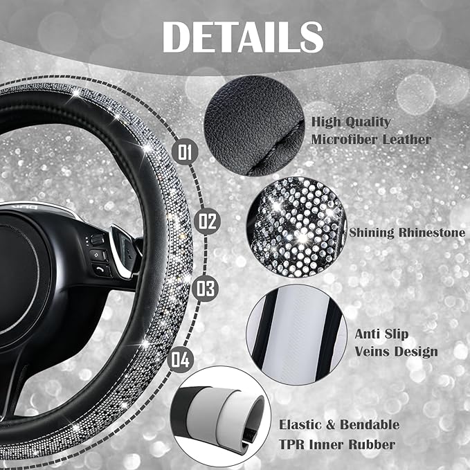 CAR PASS Leather Bling Diamond Car Seat Covers Front & Waterproof Rhinestone Car Floor Mats 4pcs & Sparkly Steering Wheel Cov