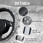 CAR PASS Leather Bling Diamond Car Seat Covers Front & Waterproof Rhinestone Car Floor Mats 4pcs & Sparkly Steering Wheel Cov
