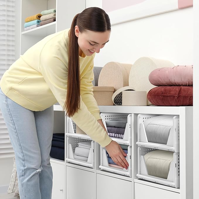 Sorbus 4 Pack Medium Shelf Organizer with Open Front Design Under Shelf for Closet Bathroom Kitchen Garage Plastic Stackable 