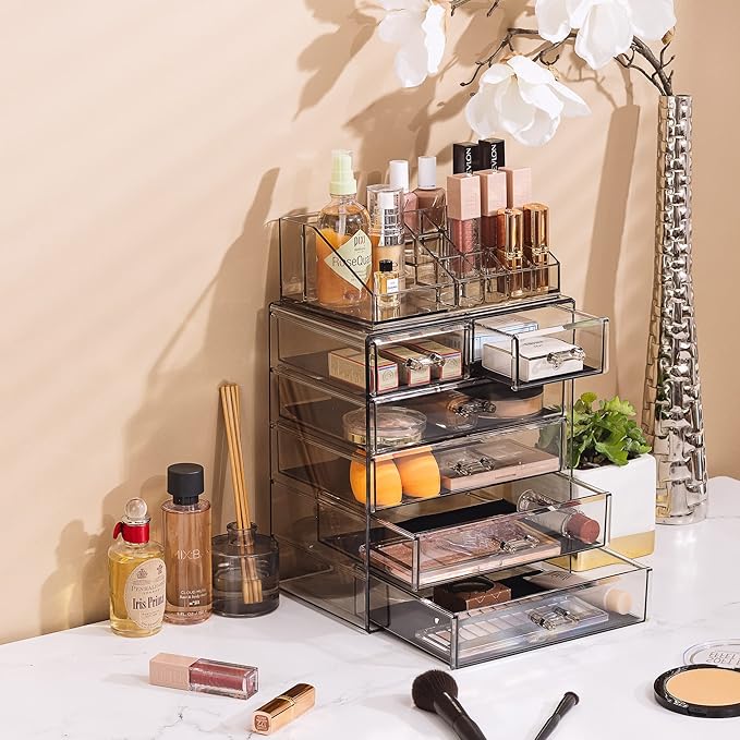 Sorbus Acrylic Makeup Organizer Set, 6-Drawer Vanity & Countertop Cosmetic Storage with Small & Wide Compartments, Black-Tint