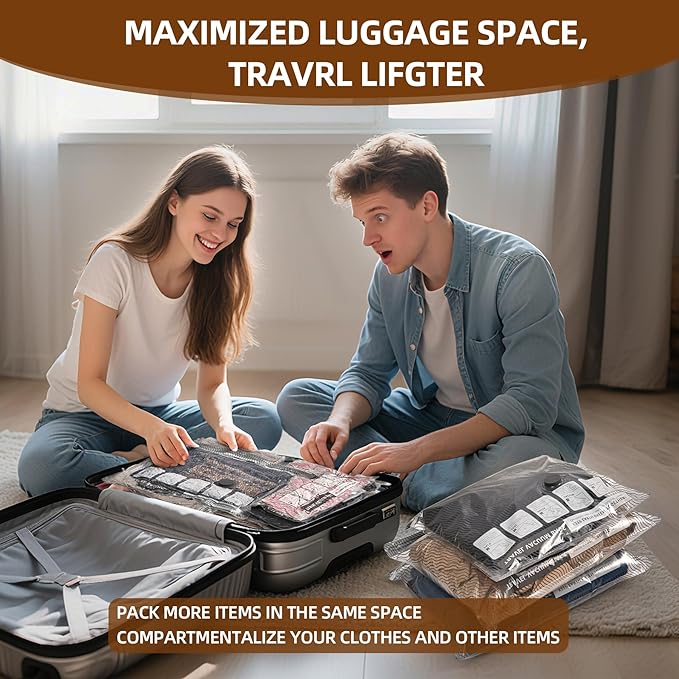 12 Pack Travel Vacuum Bags for Clothing,Compression Seal Packing Cubes for Suitcase Backpack,Vacuum Seal Bags for Clothing,Ca