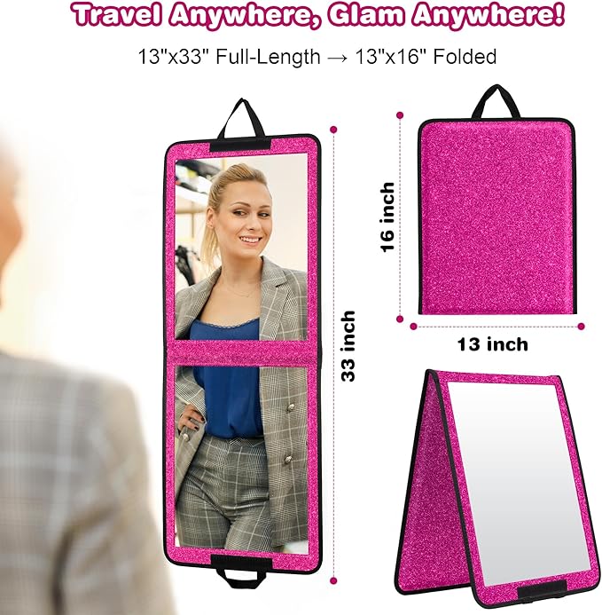 LPHUMEX Sparkle Hot Pink Folding Mirror 13”x33”, Foldable Full-Length Travel Mirror 3-Way Use, Perfect for Dance, Festivals, 