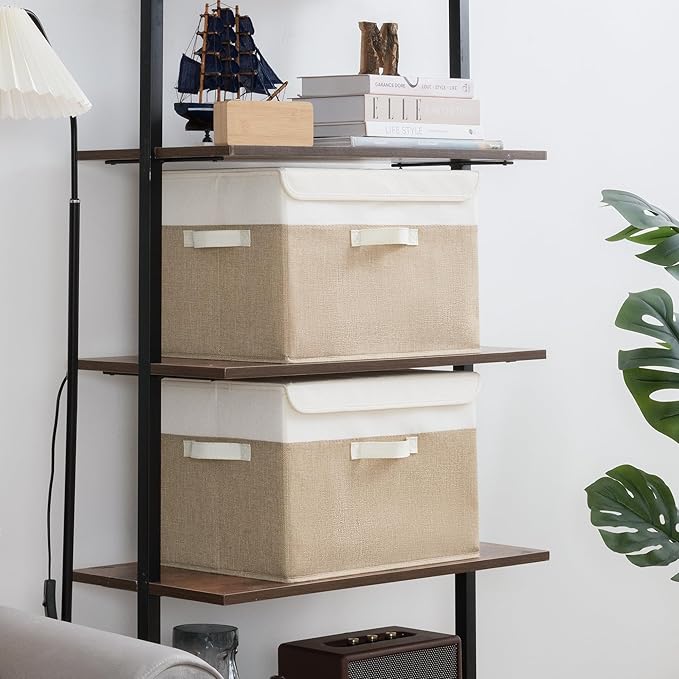 GRANNY SAYS Storage Boxes with Lids, Decorative Storage Bins, Shelf Baskets, Clothes Storage and Organization, White/Khaki, 2
