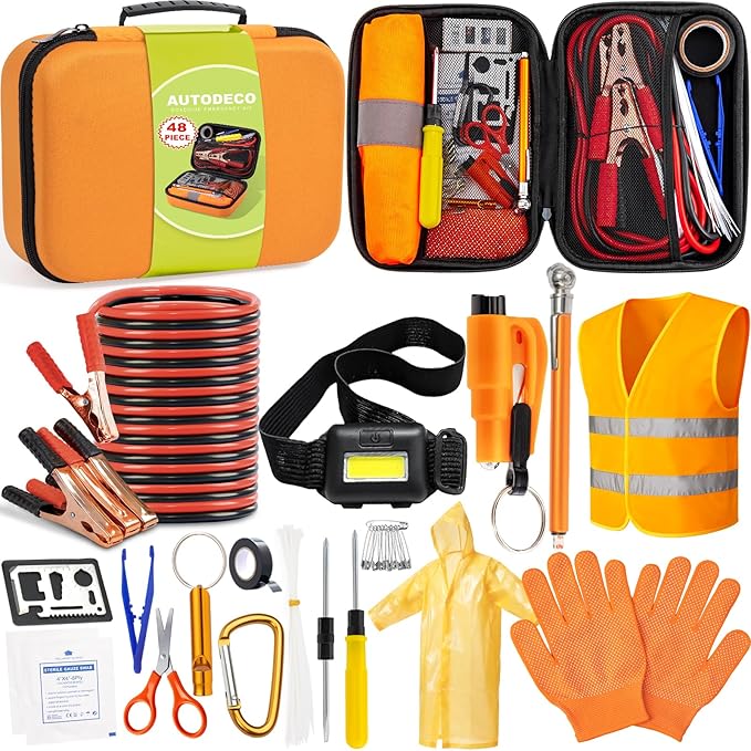 AUTODECO Car Roadside Emergency Kit, Car Safety Kit Portable Car Kits for Emergency with Jumper Cable, Safety Hammer, Orange