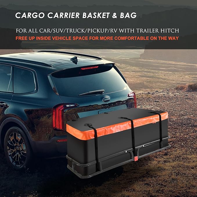 Hitch Mount Cargo Carrier Basket 53"*19"*5"+Waterproof Bag 9 Cubic Feet(51"*17"*18"),and Cargo Net with Attachment Hooks,Ratchet Straps,Hitch Stabilizer.500 Lbs Capacity,fit 2" Receiver
