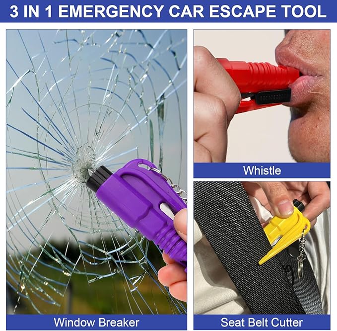 PIFOOG Pack of 8 Window Breaker Seatbelt Cutter Keychain 3-in-1 Car Escape Tool Mini Glass Breaker Seat Belt Cutters Survival