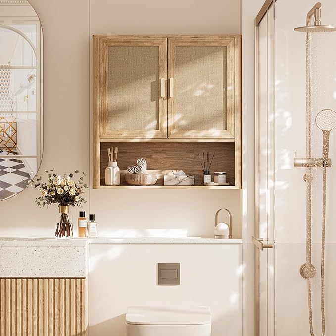 INNOD Rattan Bathroom Wall Cabinet with Open Compartments, Wall-Mounted Medicine Cabinet with Adjustable Wood Shelf & Doors, 
