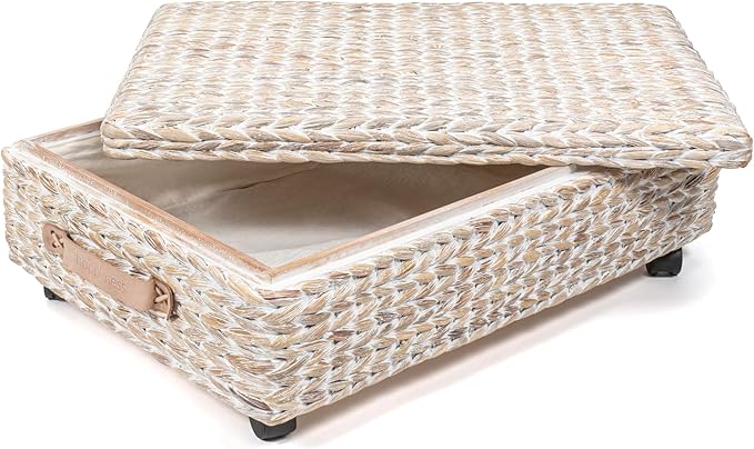 happimess BSK1006C 26.38" Chett Minimalist Hand-Woven Hyacinth/Wood Underbed Storage Bin with Wheels and Handles for Storage 