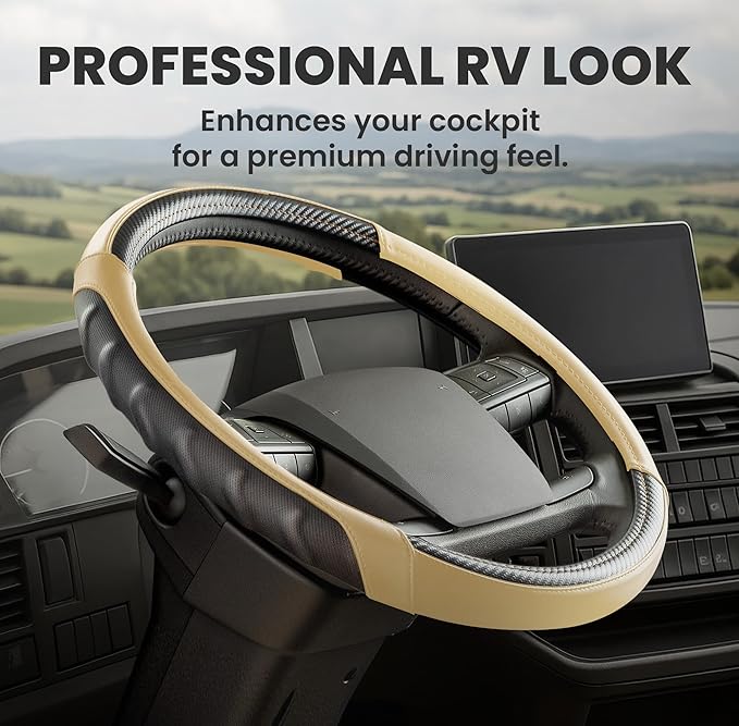 18 Inch Semi Truck Steering Wheel Cover for Freightliner Cascadia, Kenworth T680 T880, Peterbilt 579 & Volvo VNL – Heavy Duty Anti-Slip Leather Grip for Big Rig Class 8 Trucks – Brown