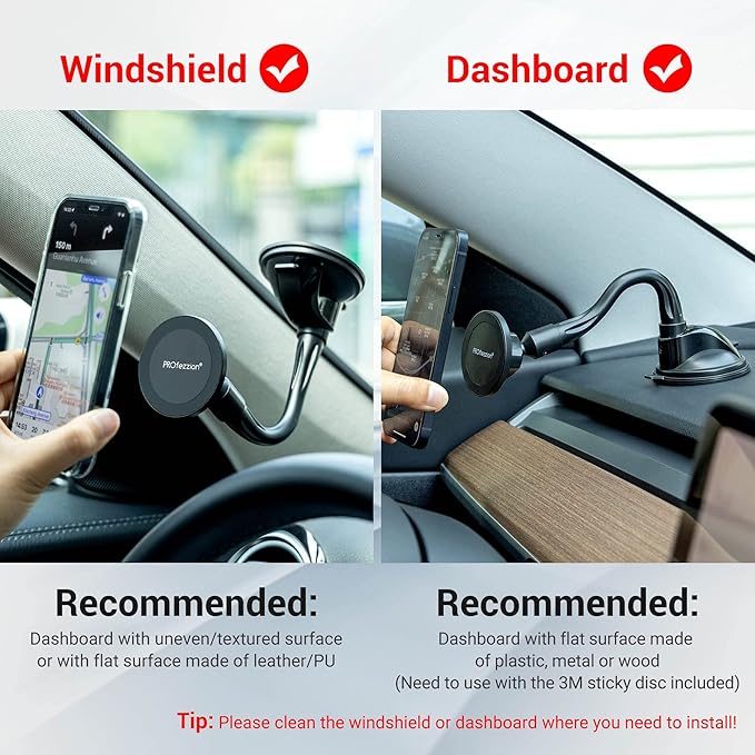 PROfezzion Suction Cup & Vent Clip Combo Magnetic Phone Holder Compatible with MagSafe on Car Windshield, Dash or Vent for iPhone 17 16 15 14 13 12 Pro Max, Mag-Safe Case & All Phones [Aluminum Rod]