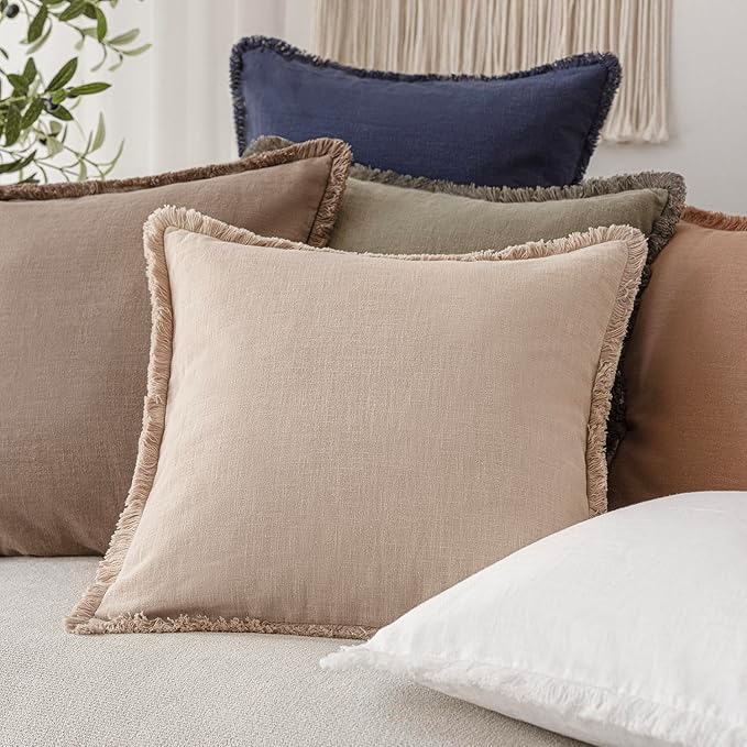 Foindtower Set of 2 Decorative Linen Fringe Throw Pillow Covers Boho Farmhouse Cushion Cover with Tassels Accent Pillowcase f