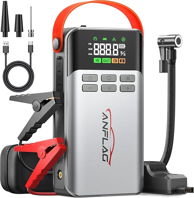 8-in-1 Car Jump Starter with Air Compressor - 5500A Peak, 150PSI Tire Inflator, 12V Portable Power Bank, LCD Display, and