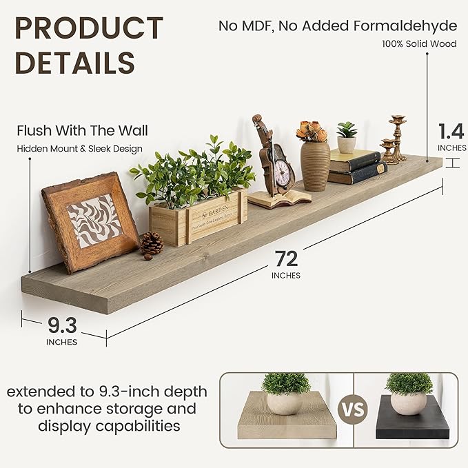 Marsmiles 72 Inch Floating Shelf | 9.3 Inch Deep Grey Wood Wall Shelf Set of 1 | Rustic Reclaimed Wood Shelves for Room Wall 
