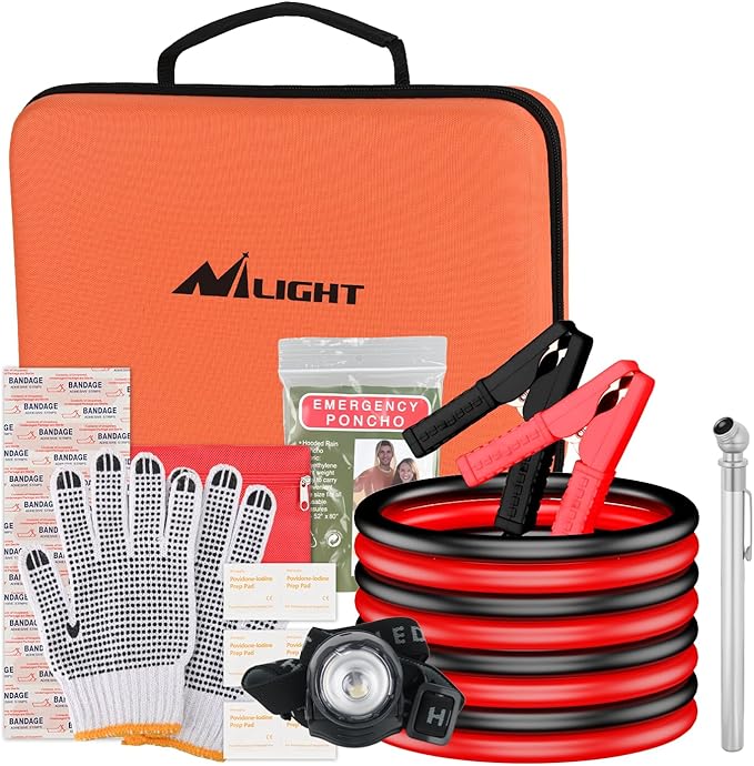 Nilight Car Emergency Kit with Jumper Cable Air Compressor Tire Repair Essential Tools First Aid Alligator Connector Electric