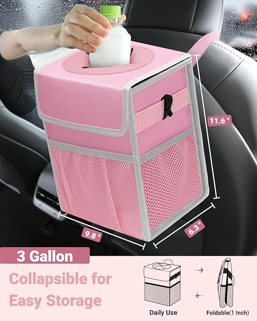 Capolo Car Trash Can with Lid, Leakproof Car Trash Bag Hanging Waterproof Automotive Garbage Can with Storage Pockets Mini Vehicle Trash Bin for Back/Front Seat(Pink,3 Gallon)