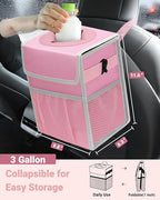 Capolo Car Trash Can with Lid, Leakproof Car Trash Bag Hanging Waterproof Automotive Garbage Can with Storage Pockets Mini Vehicle Trash Bin for Back/Front Seat(Pink,3 Gallon)