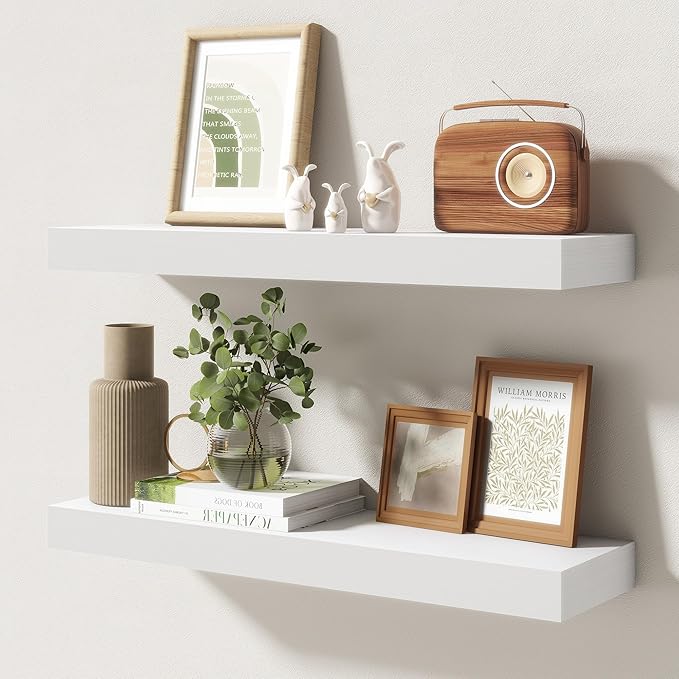 24 Inch Floating Shelves | 6.5 Inch Deep White Floating Shelves Set of 2 | 24" W x 6.5" D Rustic White Wood Wall Shelves with
