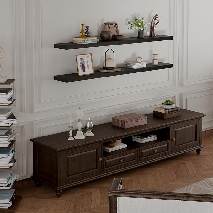 IEO Long Wooden Floating Shelves for Room Wall, Natural Wood Floating Shelves Wall Mounted Kitchen Shelf for Living Room, Bed