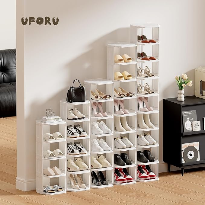 Small Shoe Rack, 5 Tier Plastic Vertical Shoe Rack for Small and Narrow Spaces, Free Standing Shoe Organizer for Closet, Entr