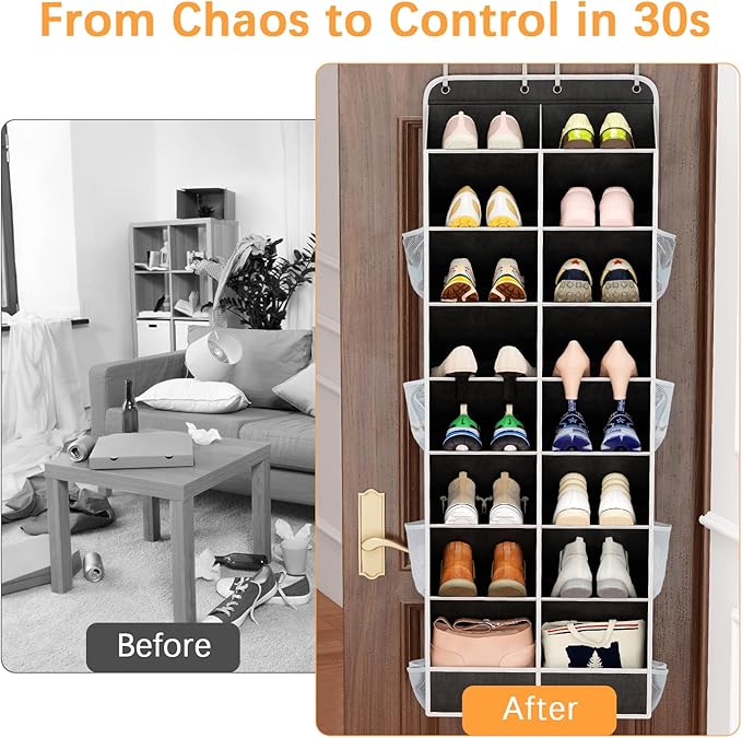 Yecaye 8 Tier Over the Door Shoe Organizer of Deep 16 Compartments, 50lbs Load Shoe Rack for Door in Oxford Holds 16-24 Pairs