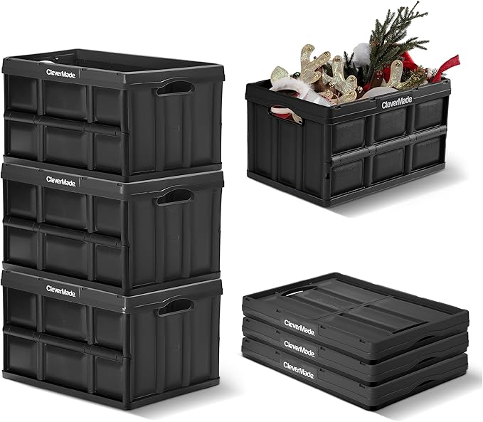 CleverMade Collapsible Storage Bins 46L (3-Pack) – Heavy Duty Collapsible Plastic Storage Bins, Stackable Folding Storage Bin