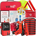 Roadside Emergency car kit for Vehicles, Car First Aid Emergency kit with Portable Air Compressor, Heavy Duty Jumper Cables, 