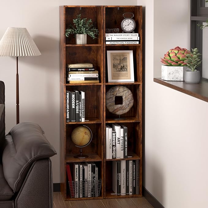 Cube Storage Organizer, 5 Cube Retro Bookshelf, Freestanding 5 Tier Open Shelf, Rustic Brown Retro Shelves for Home Office, B